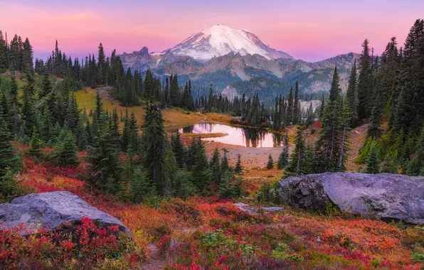 Field, autumn, mountains, lake, stones, the slopes, tops, dal