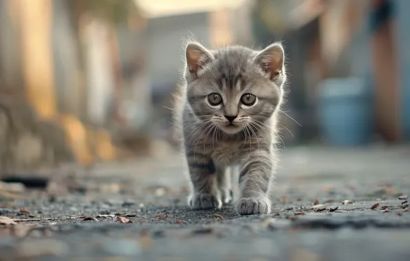 Road, sadness, cat, look, the city, kitty, grey, street