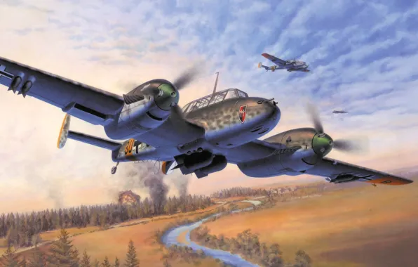 Picture aircraft, war, art, airplane, painting, ww2, german bomber/fighter, heavy fighter