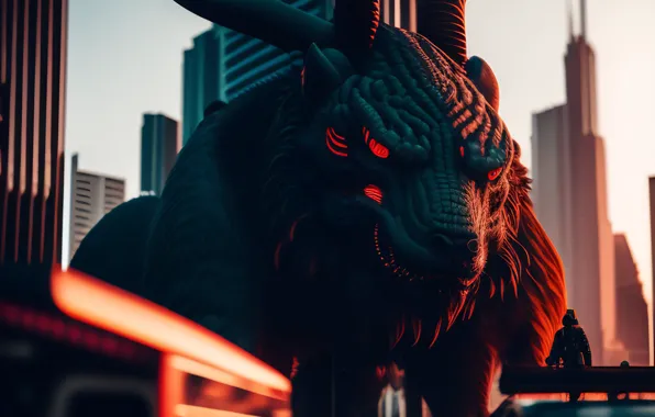 The city, Monster, Skyscrapers, Machine, Horns, Red eyes