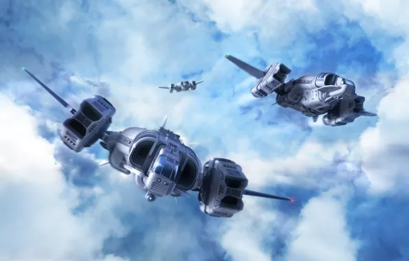 The sky, Clouds, The plane, Flight, Three, Clouds, Sky, Art