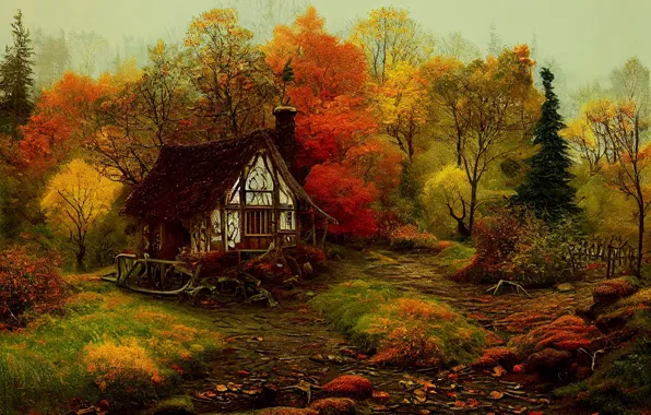 Roof, autumn, forest, trees, comfort, figure, graphics, beauty