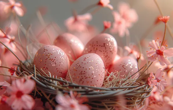 Holiday, eggs, Easter, pink, basket, AI art, neural network, Easter background