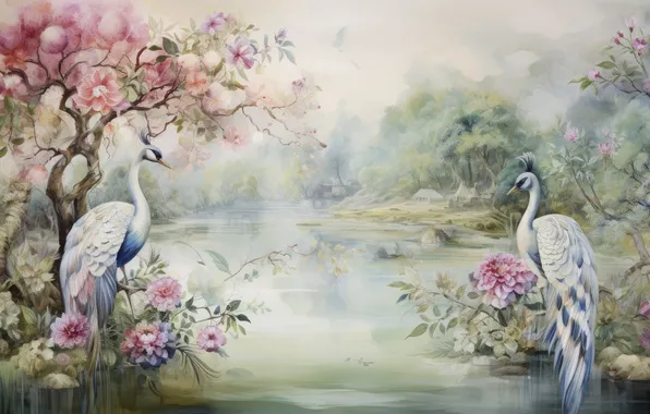 Trees, flowers, birds, nature, watercolor, peacock, painting, pond