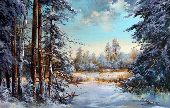 Picture winter, snow, trees, landscape, oil, picture, painting, canvas