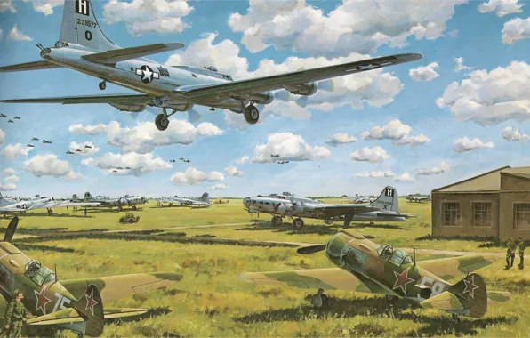 The sky, clouds, war, fighter, Boeing, bomber, Art, the airfield