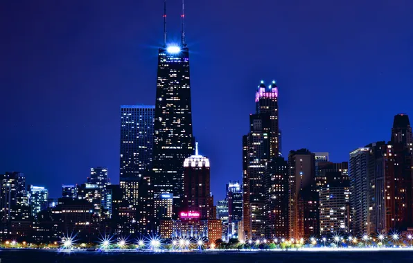 Night, lights, skyscrapers, Chicago, USA, USA, America, Chicago