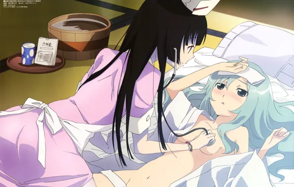 Nurse, blue hair, Sankarea, Sankarea, a stethoscope, lying on her back, Sanka Rea, Sankyo Ray