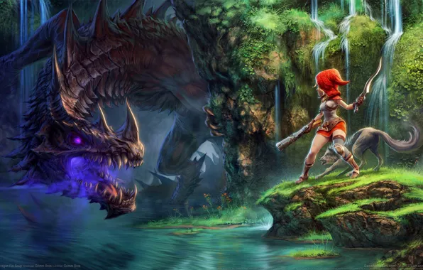 Girl, nature, river, dragon, waterfall, wolf, Dragon Fin Soup