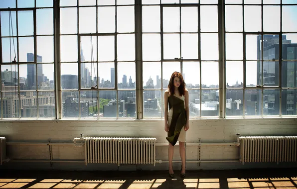 The sun, the city, pose, model, Windows, portrait, dress, actress