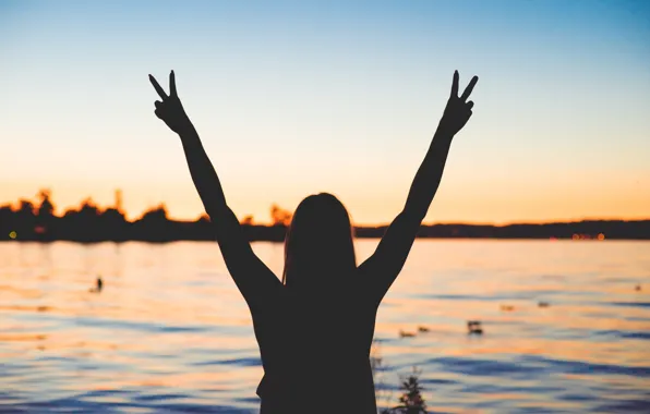 Girl, twilight, lake, evening, dusk, happiness, joy