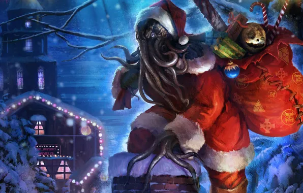 Cthulhu, Roof, Santa Claus, Cthulhu Santa Claus, Grandfather Of Cthulhu, Happy Holidays from Funcom