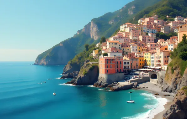Sea, mountains, the city, rocks, shore, building, home, boats