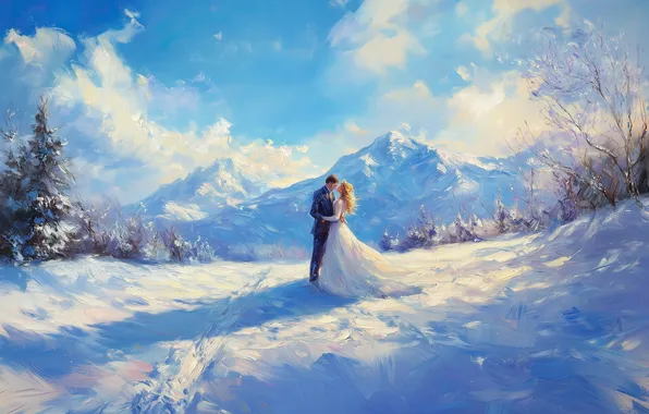 Winter, field, girl, clouds, light, snow, trees, love