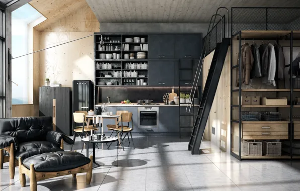 Picture design, interior, dining room, kitchen, Loft in industrial style, Loft in Singapore, Industrial style