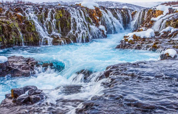 Snow, mountains, river, rocks, waterfall, stream, Iceland