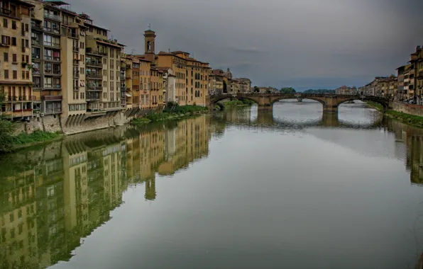 Reflection, building, home, Italy, Florence, river, Italy, bridge