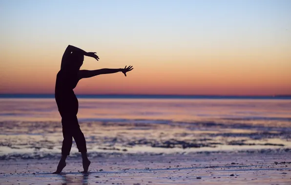 Picture girl, shore, dance, silhouette, Leslie