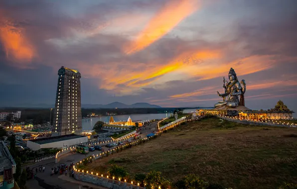 The evening, The city, Horizon, Building, Karnataka, Karnataka, The murudeshwara, Deity