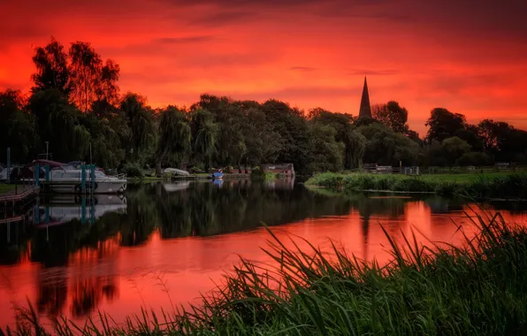 Trees, river, England, glow, Nottinghamshire