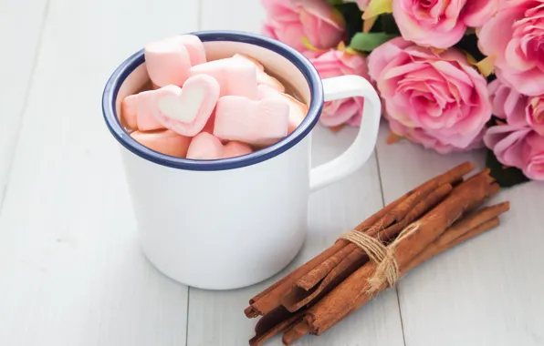 Roses, bouquet, Cup, hearts, wood, pink, cup, romantic