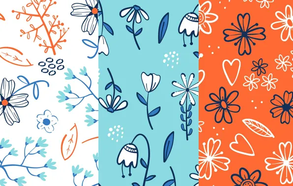 Flowers, blue, texture, orange background, patterns, floral