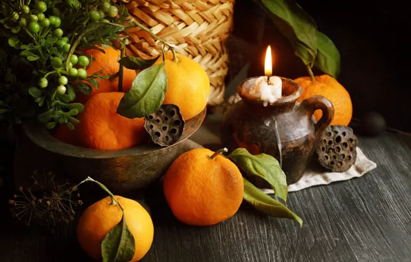 Leaves, light, table, flame, Board, candle, fruit, Christmas