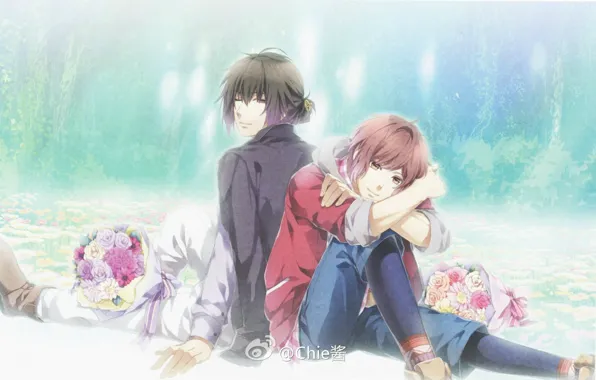 Flowers, guys, two, back to back, itsuki kagami, NORN9, heishi otomaru, by teita