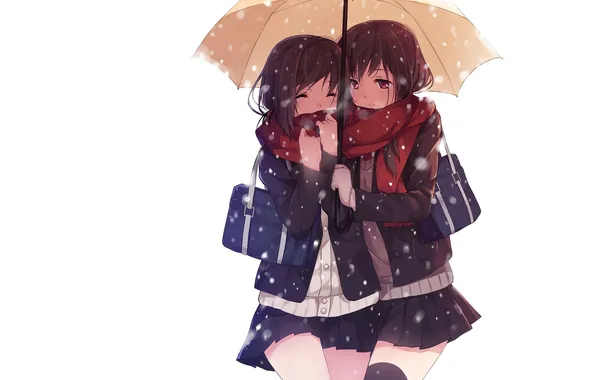 Picture cold, winter, snow, girls, umbrella, art, white background, form