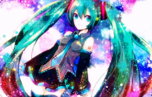 Girl, colorful, headphones, art, tie, tattoo, microphone, vocaloid