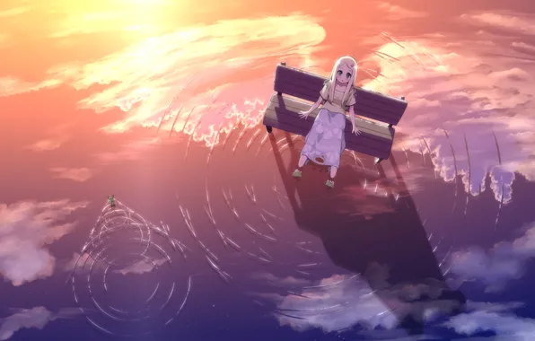 The sky, water, girl, clouds, sunset, bench, reflection, frog