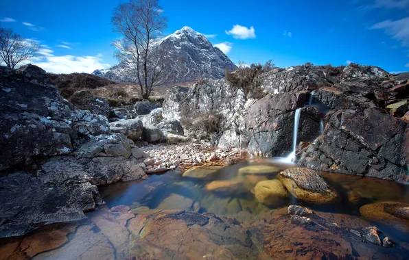 Trees, mountains, lake, waterfall