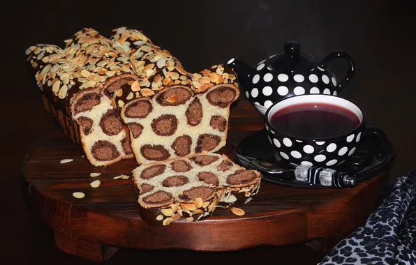 Tea, kettle, cakes, almonds, cupcakes, brioche