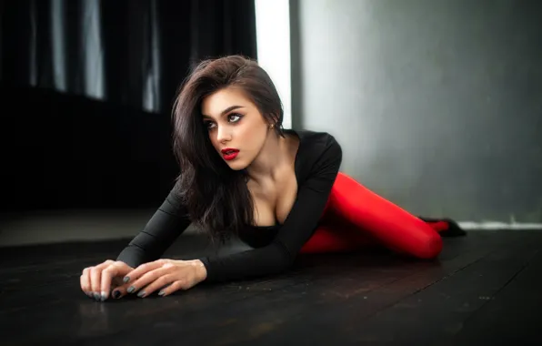 Girl, pose, brunette, tights, on the floor, red lipstick, Dmitry Shulgin