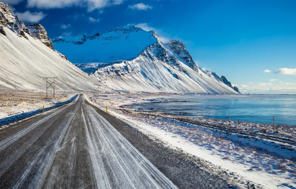 Picture winter, road, sea, mountains