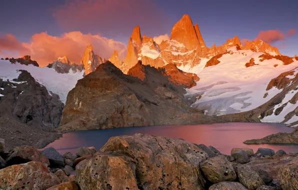 Snow, mountains, lake