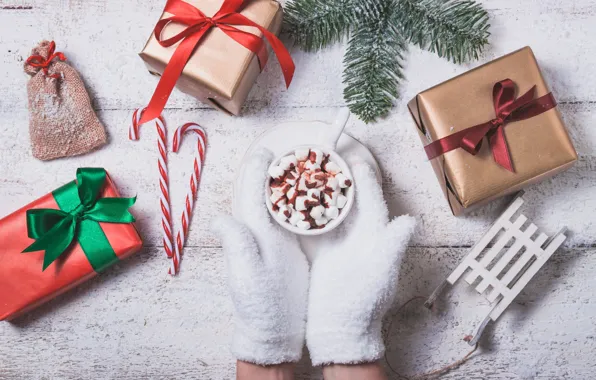 Cup, Candy, Chocolate, Cup, hot chocolate, Hands, Present, Marshmallow