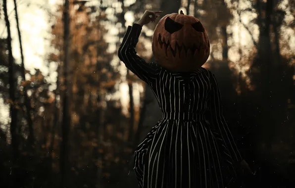 Autumn, forest, girl, trees, nature, pose, the dark background, fear
