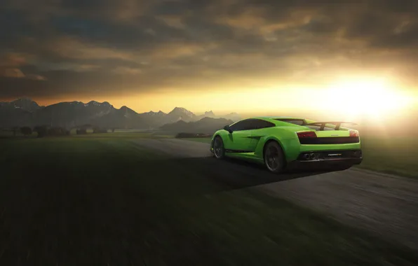 Picture Lamborghini, Superleggera, Gallardo, Green, Speed, LP 570-4, Sunset, Road