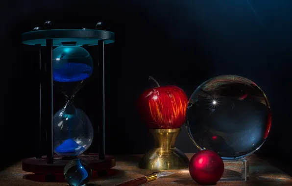 Ball, Apple, still life, hourglass
