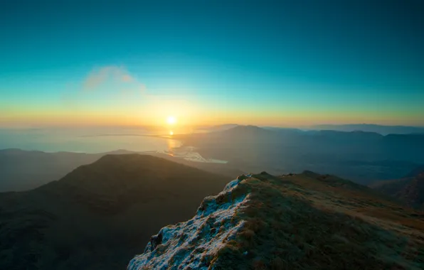 Picture Sunset, The sun, The sky, Water, The ocean, Mountains, Grass, Snow