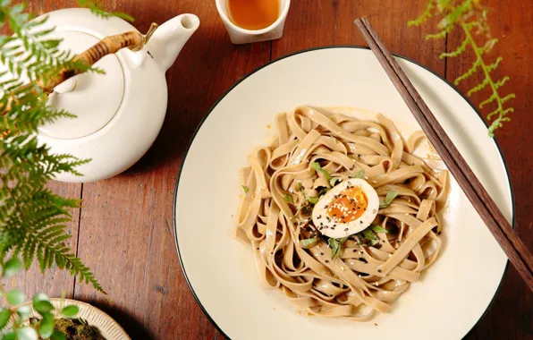 Picture tea, egg, sticks, kettle, sesame, noodles, pasta