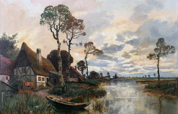 Home, Trees, River, Boat, Picture, Alois Arnegger, Alois Arnegger, Village on the banks of the …