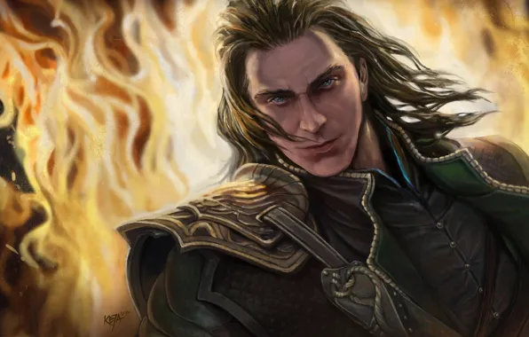 Picture fire, God, art, male, Loki