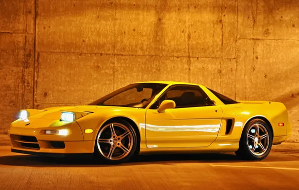 Picture yellow, wall, lights, sports car, drives, acura, Acura, nsx-t