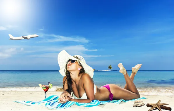 Picture relax, girl, summer, sexy, beach, hat, beautiful, travel