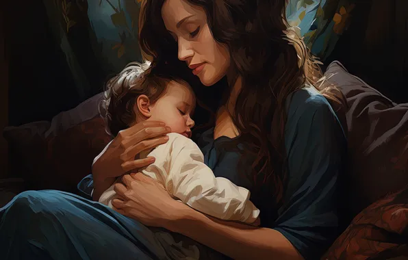 Girl, Boy, Love, Child, Two, Mom, Digital art, AI art