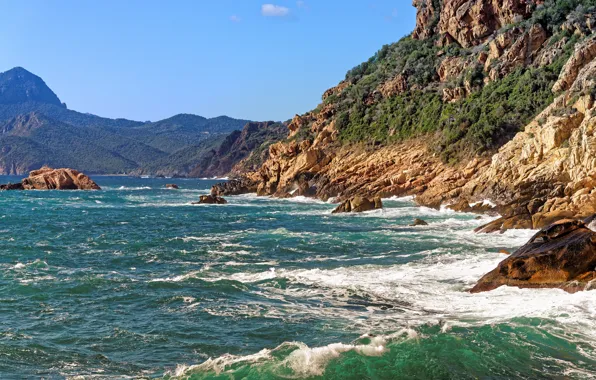 Picture sea, the sky, the sun, mountains, stones, rocks, coast, France