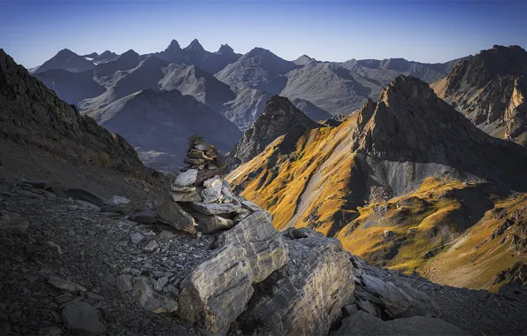 The sky, mountains, stones