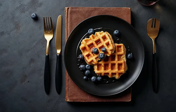 Blueberries, knife, plug, waffles, AI art